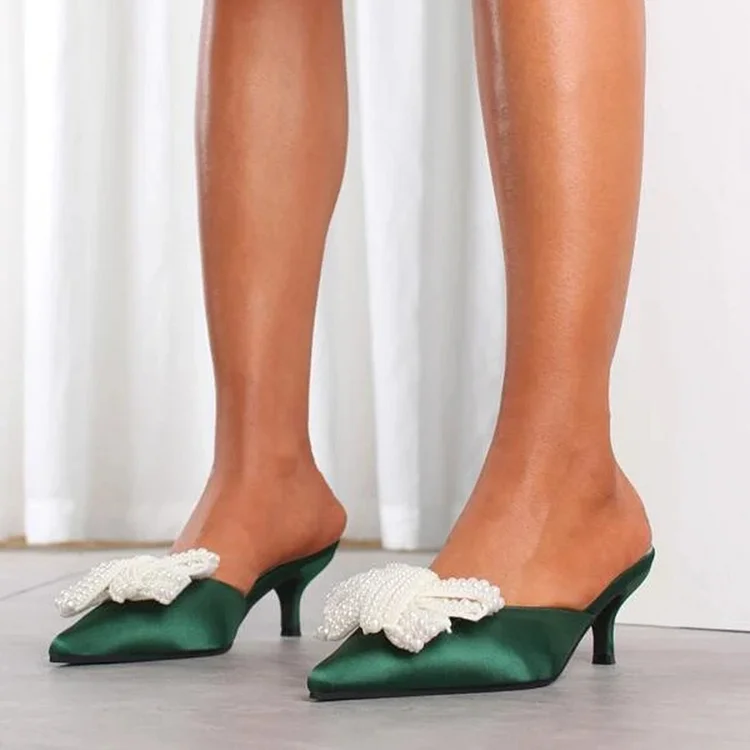 Green Pearls Bow Kitten Heel Pumps for Parties Vdcoo