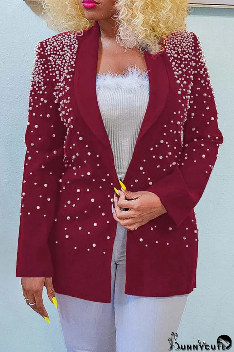 Burgundy Casual Daily Solid Patchwork Beading Turn-back Collar Outerwear