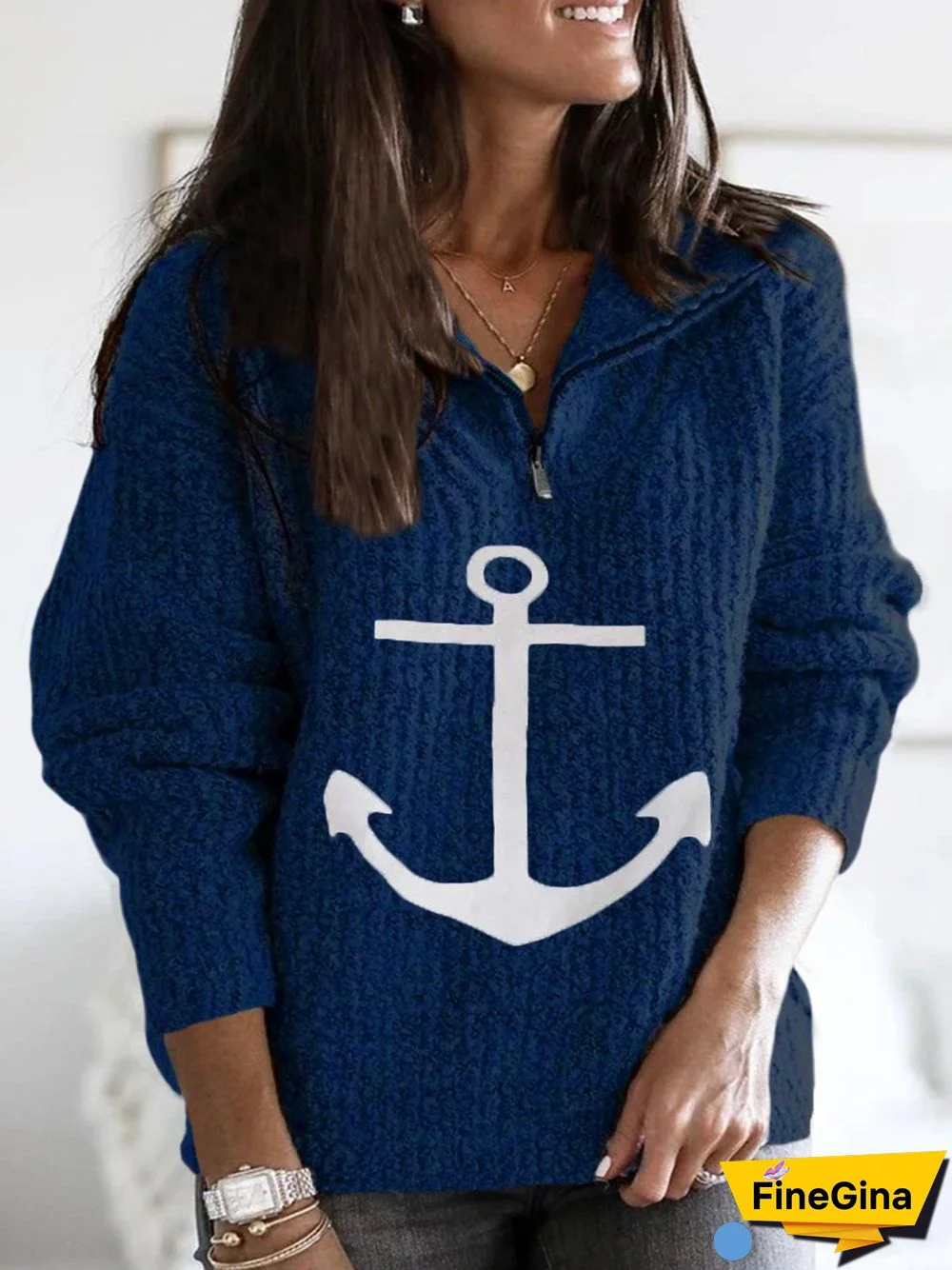 Anchor Long Sleeve Zipper Plus Size Casual Sweater