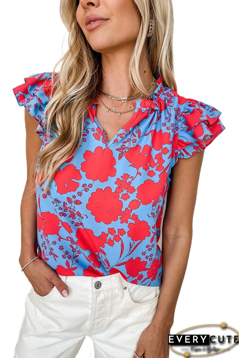 Red Floral Ruffled Cap Sleeve V-Neck Shift Blouse