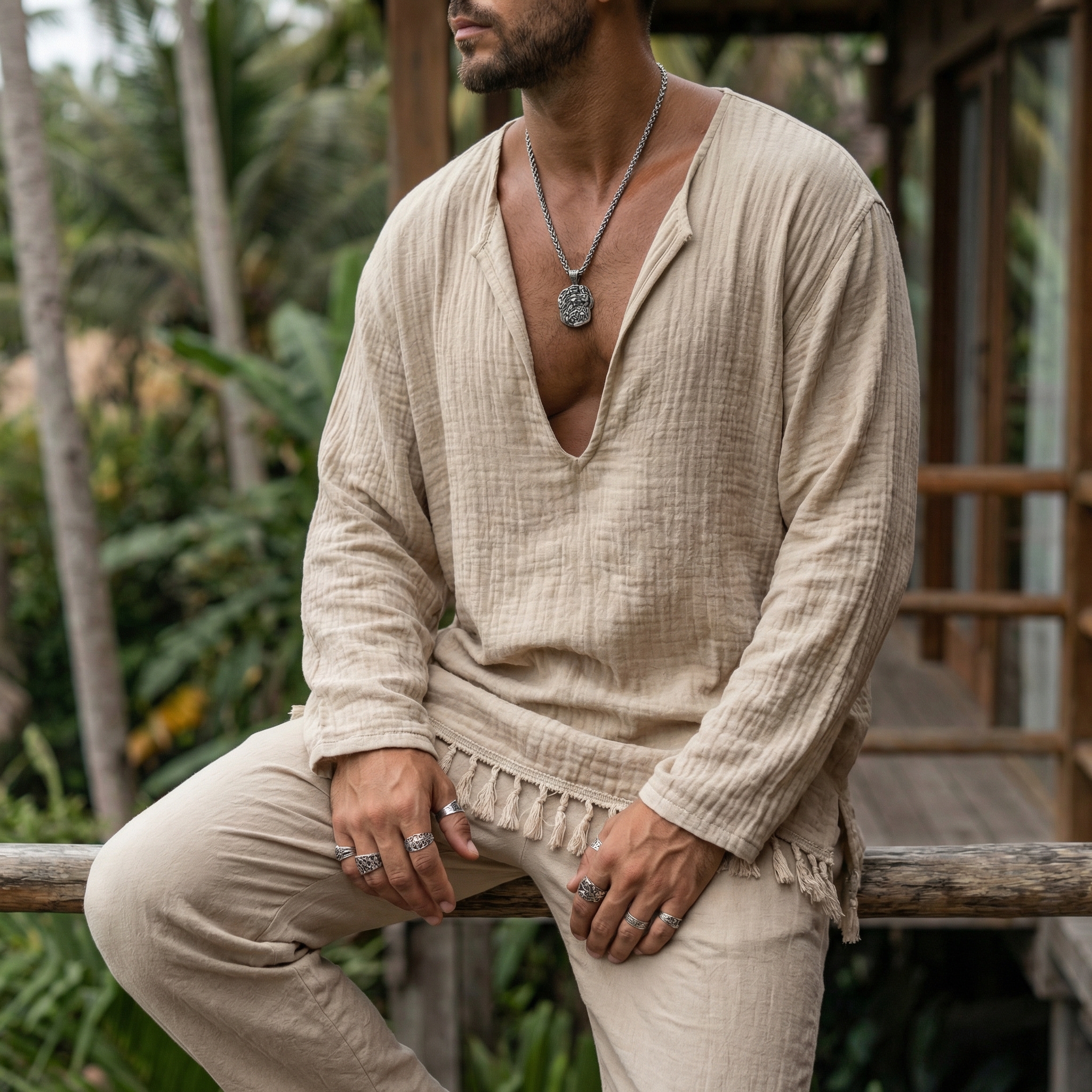 Cotton Linen Draped Tunic with Fringe Hem - Boho Men's Long Sleeve Loose Top