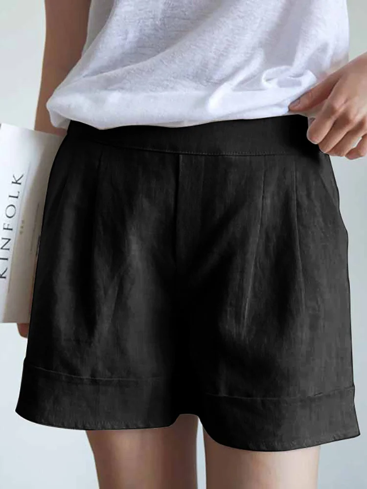 Solid Elastic Waist Pocket Casual Shorts For Women