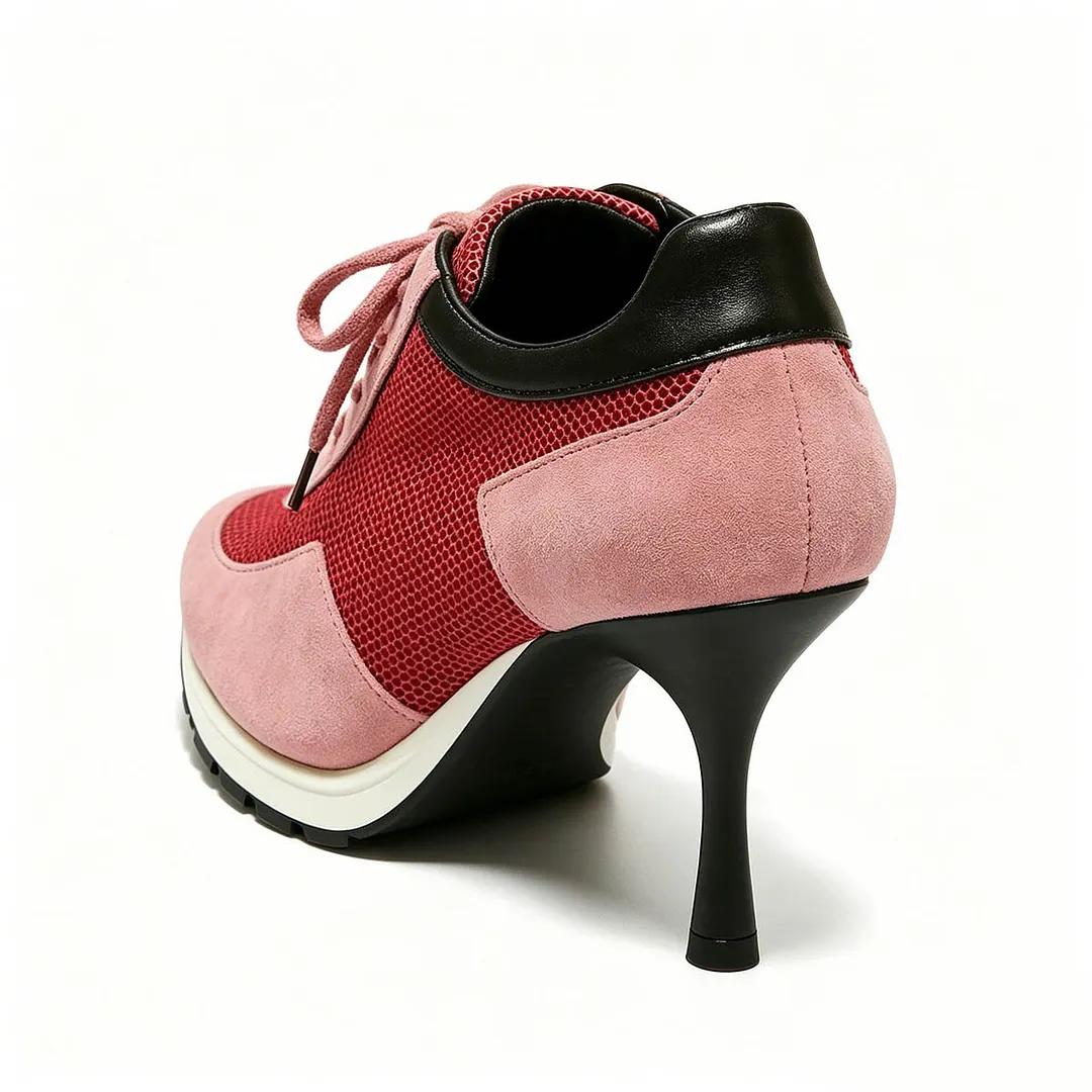 Red and Black Patchwork Round Toe Lace Up Sneaker Stiletto Shoes