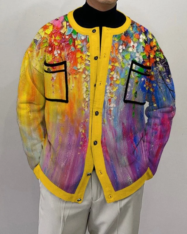 Men's Casual Printed Long Sleeve Knit Cardigan
