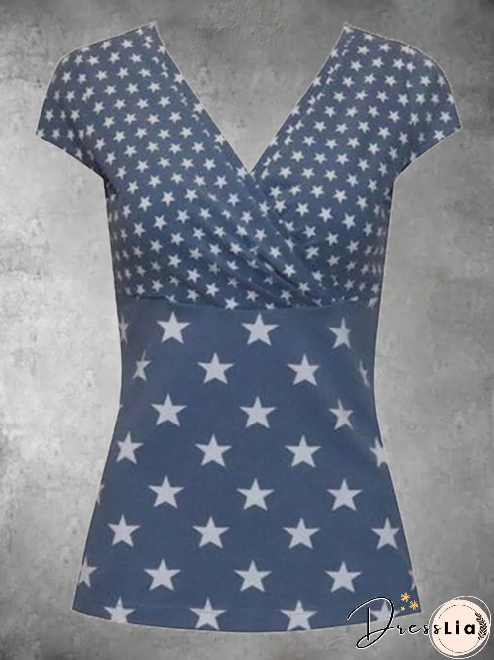 Star Short Sleeve Printed Cotton-blend V neck Sweet Summer Blue Top