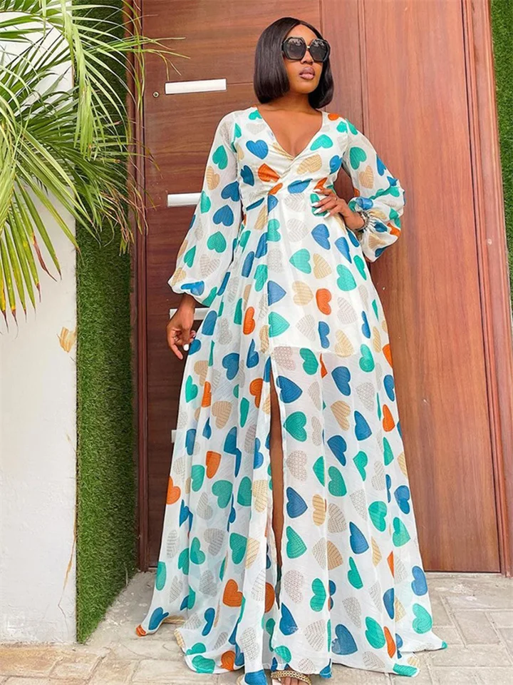 Summer Women's Chiffon Love Dress Printed Deep V Large Sexy Skirt