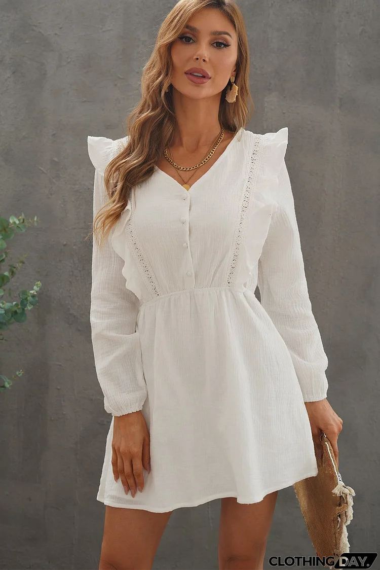 White V Neck Lace Ruffle Crinkled Puff Long Sleeve Short Dress