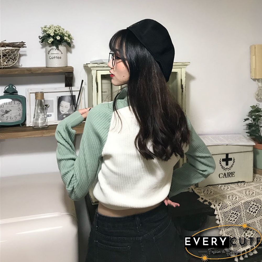 Turn-Down Collar Long Sleeve T-Shirts Women Patchwork Trendy Korean Style Streetwear Outwear Knitted Loose Chic Vintage Stretchy