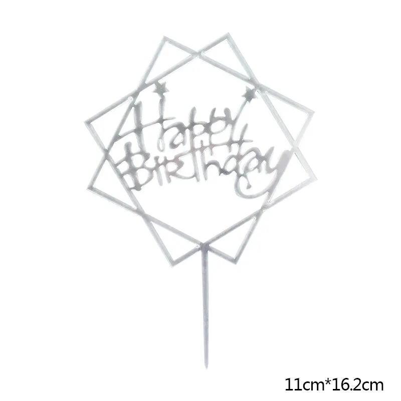 Happy Birthday Cake Topper Acrylic Gold Silver Cake Flag Cupcake Topper For Boy Girl Birthday Party Decorations Wedding Supplies