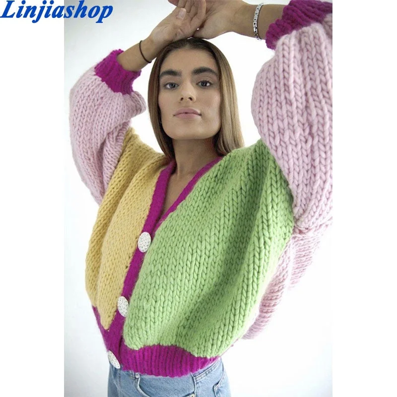 Stylish Sweet Chic Contrast Colors Patchwork Handmade Cropped Cardigans Women Fashion Button-up Hand Knitted Sweaters