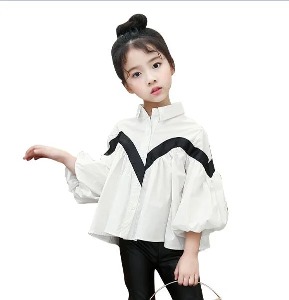 girls blouse Spring and Autumn Cotton Shirts Loose casual lantern sleeves pleated hem fashion V-shaped stitching all match tops