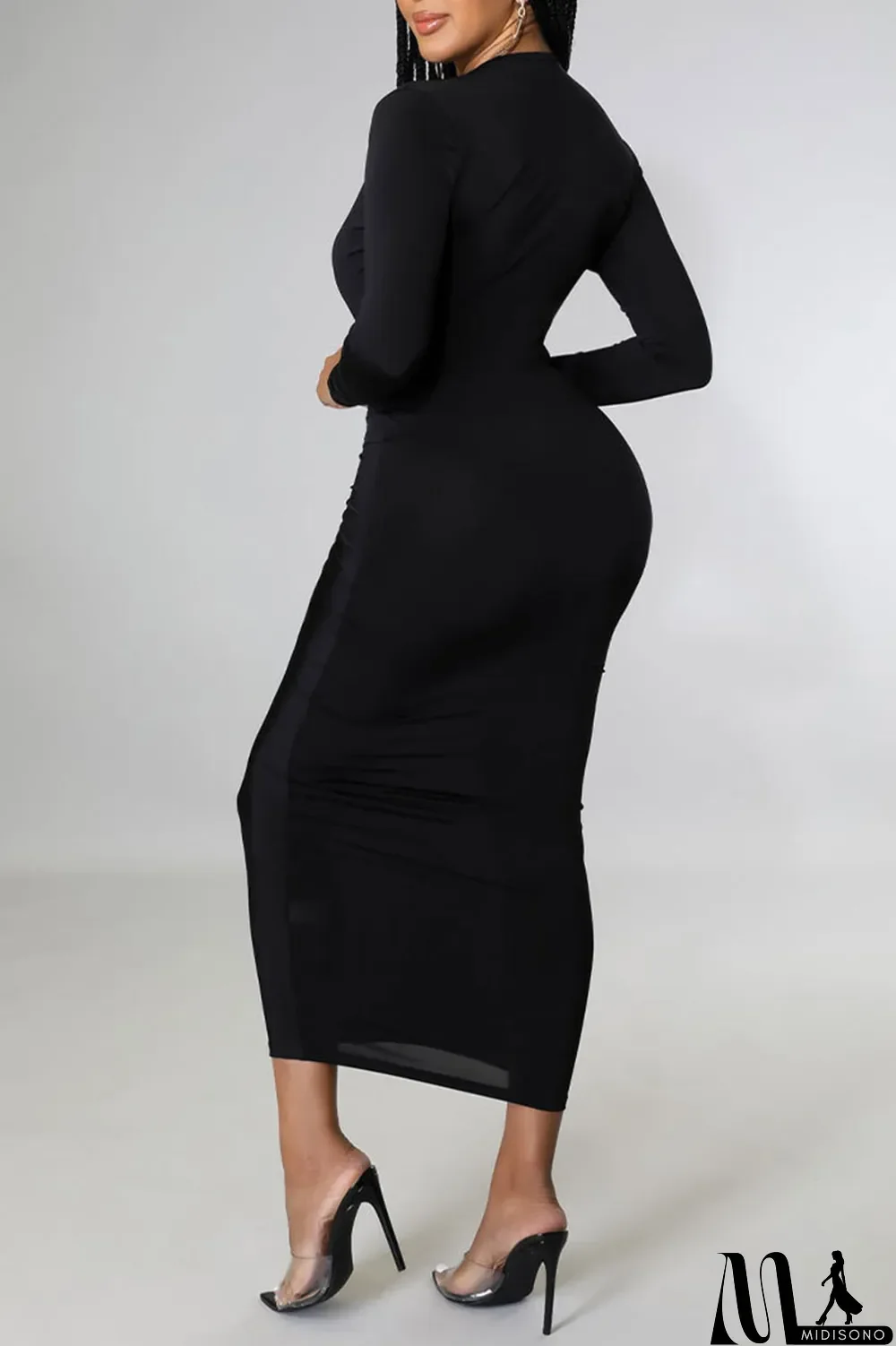 MidiSono - Black Sexy Solid Split Joint V Neck One Step Skirt Dresses