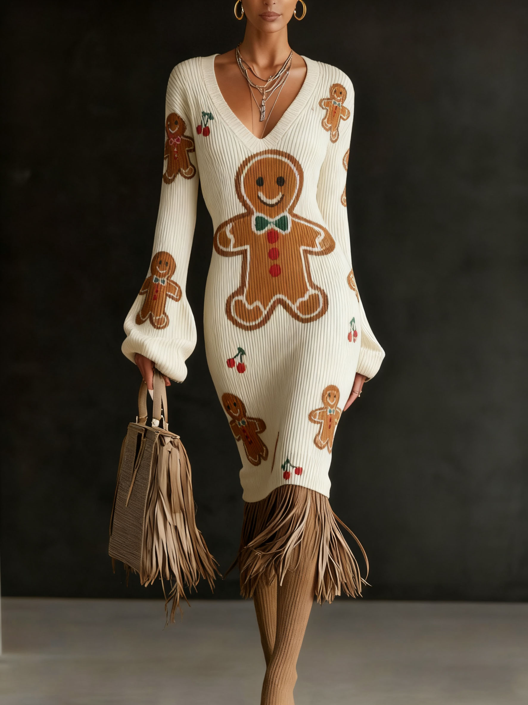 Gingerbread Man & Cherry Print V-neck Knit Dress