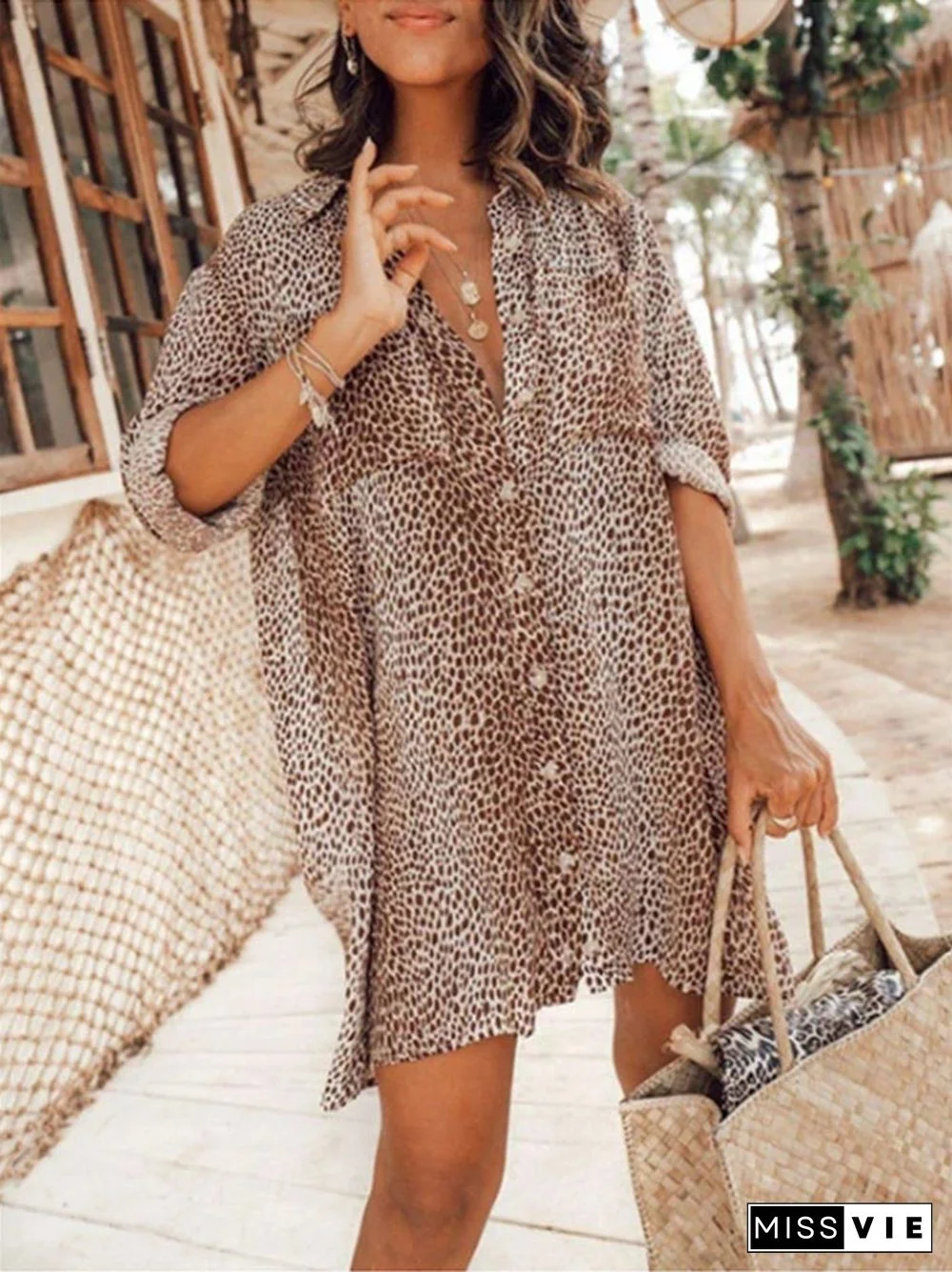 Women Long Sleeve Lapel Leopard Print Shirt Dress