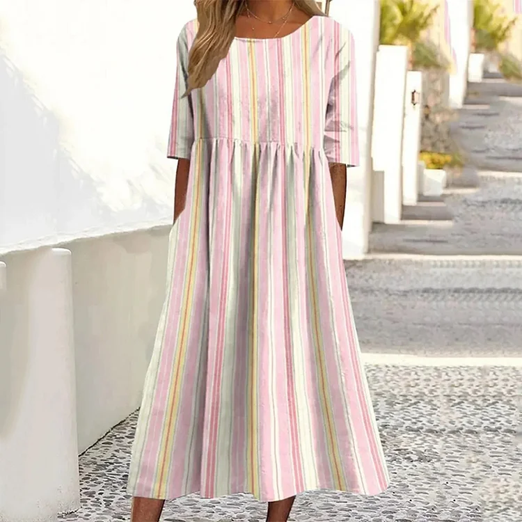 Simpfit Leinen-Midikleid mit Streifen-Kunstdruck