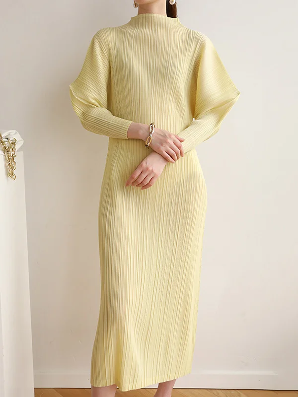 Original Creation Loose Long Sleeves Pleated Solid Color High-Neck Midi Dresses