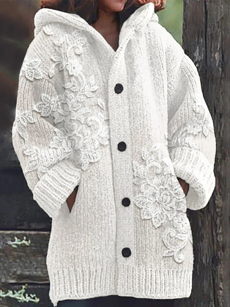 VChics Vintage Floral Lace Embroidered Knit Hooded Cardigan