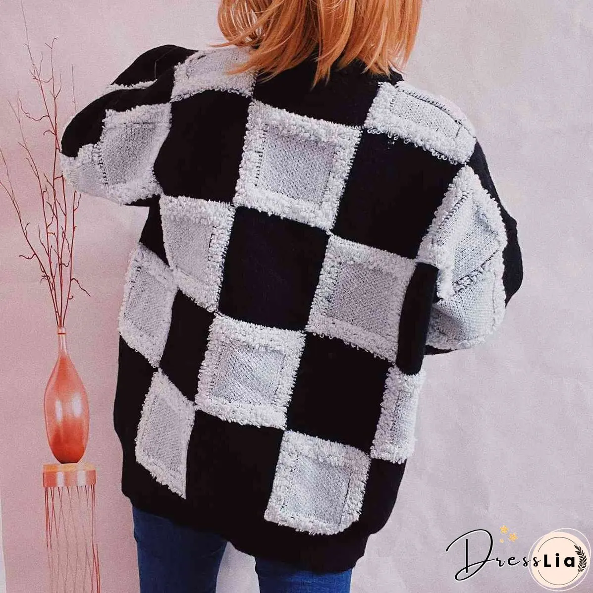 Checkered Round Neck Long Sleeve Sweater