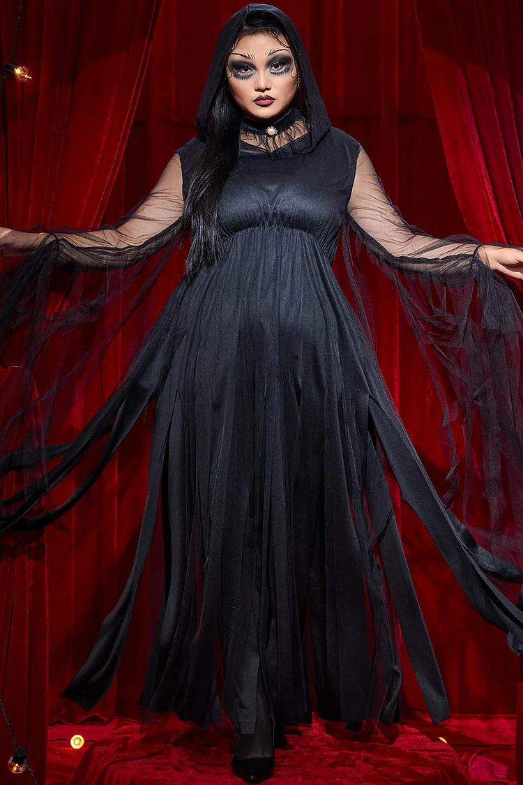 Xpluswear Design Plus Size Halloween Costume Gothic Black Mesh Fringe Maxi Dress [Pre-Order]