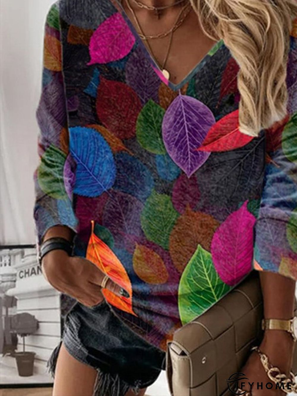 Leaves Printed Casual V Neck Tops | IFYHOME