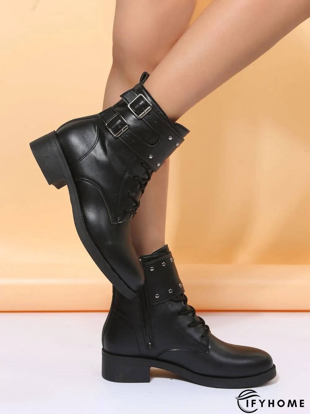 Black Riveted Buckle Coarse Heel Motorcycle Boots | IFYHOME