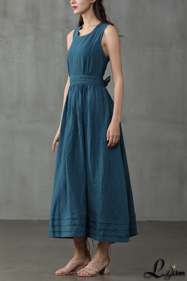 Cross Back O Neck Maxi Linen Dress