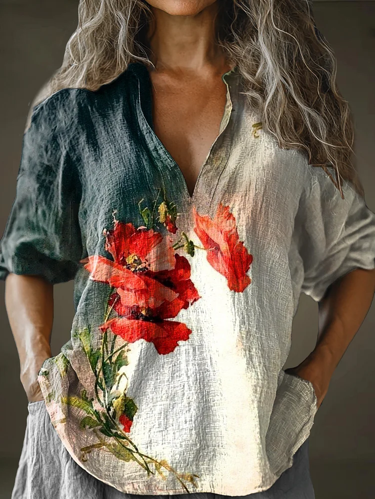Women's Poppy Flower Art Pattern Print Long Sleeve Comfortable Cotton And Linen Shirt