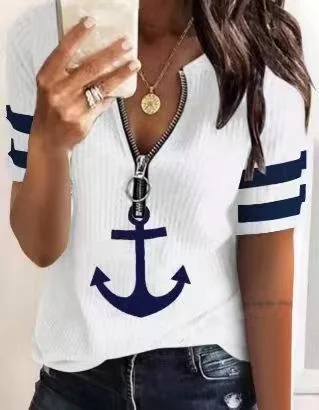 Mongw Mongw New Fashion Casual Zipper Shipping Mark Print Fashion Sleeve Short-Sleeved T-Shirt