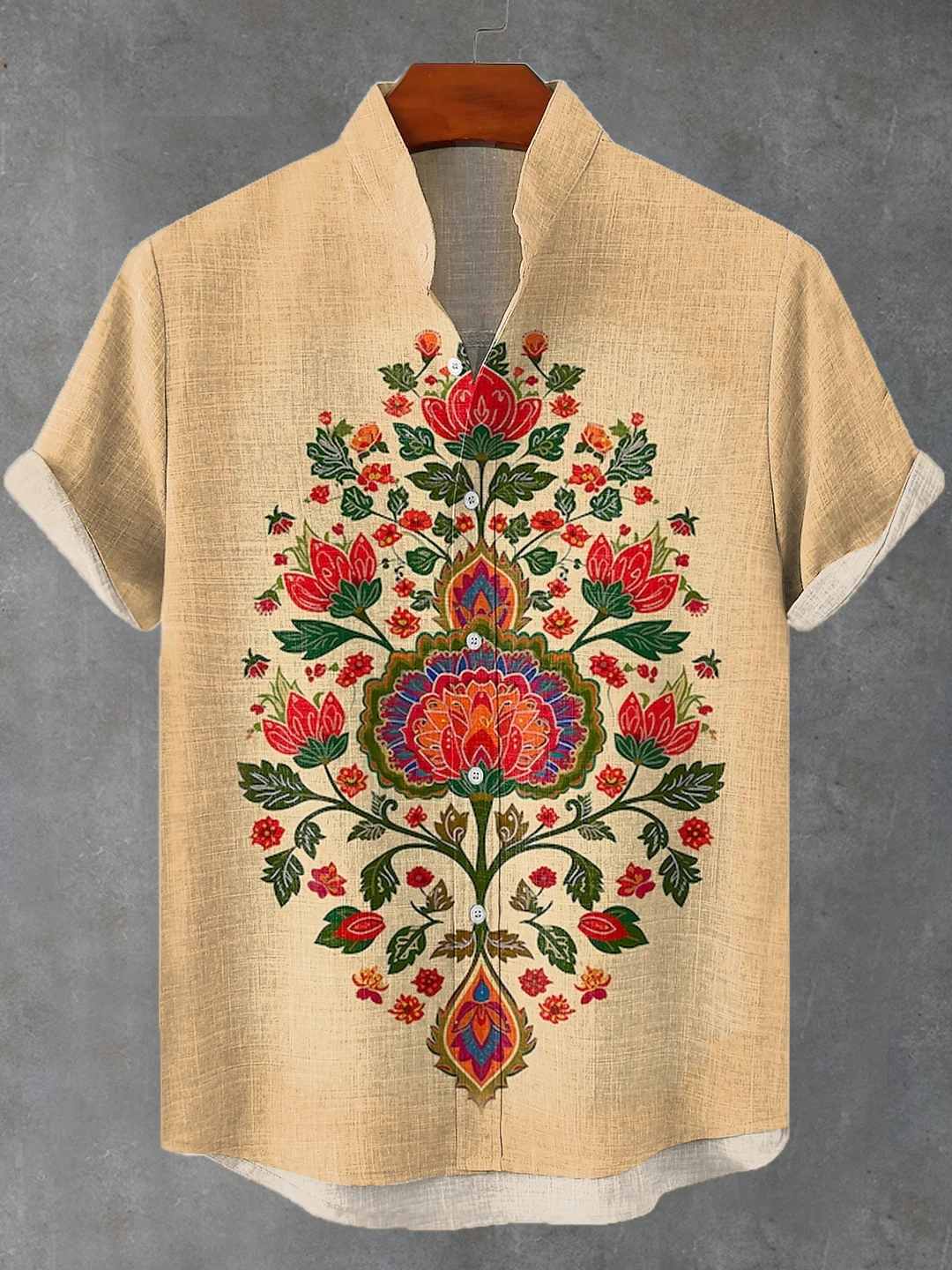 Men's Retro Boho Indian Folk Lotus Plant Print Linen Blend Shirt