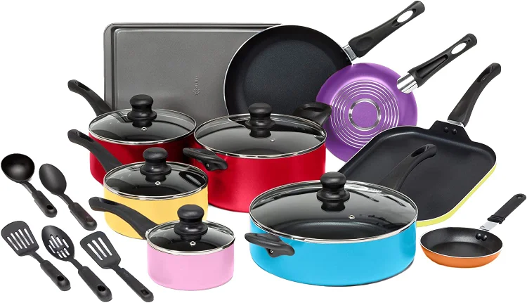 Nonstick Cookware Set. Features Kitchen Essentials. Bamboo Cooking Utensils Set. Vented Glass Lids. Ergonomic Grip Handles. Made without PFOA. Dishwasher Safe. 20-Piece. Red