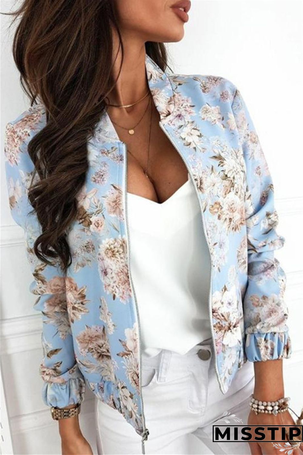 Blue White Casual Print Patchwork Cardigan Outerwear