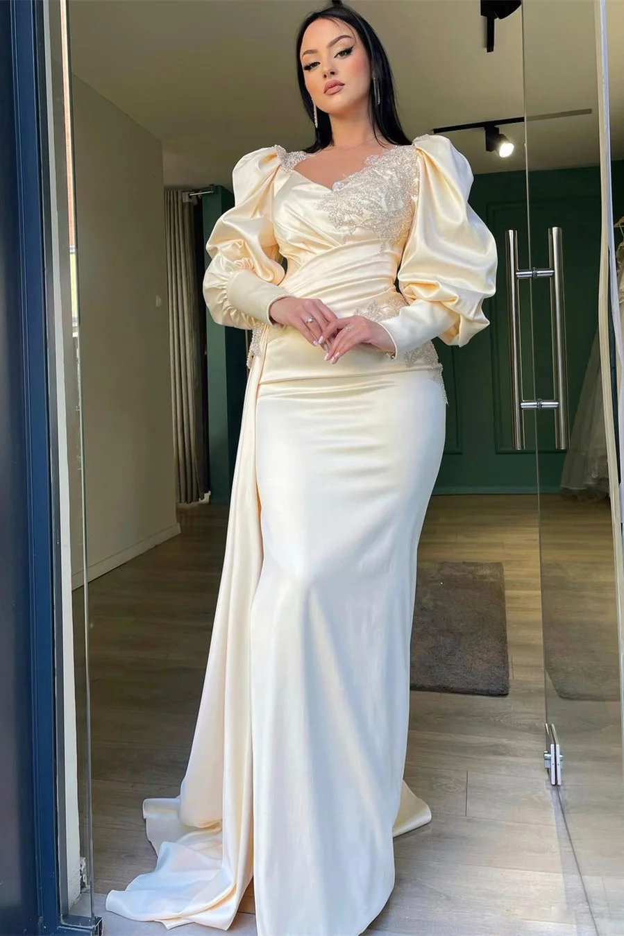 Daisda Long Puff Sleeves Mermaid Prom Dress With Appliques Ruffles