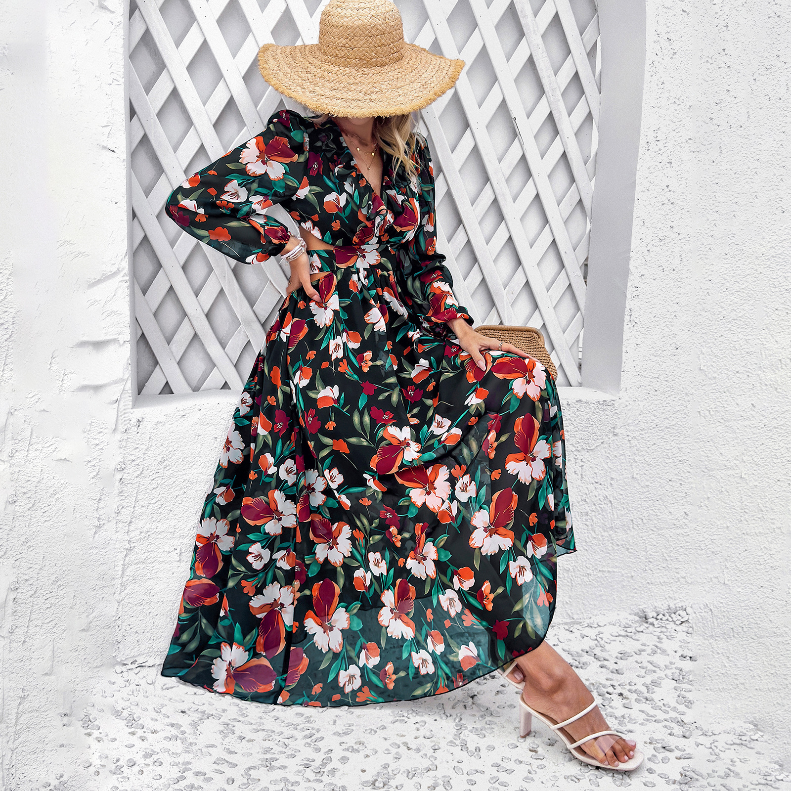 Mature Women Holiday Floral Print V-neck Dress