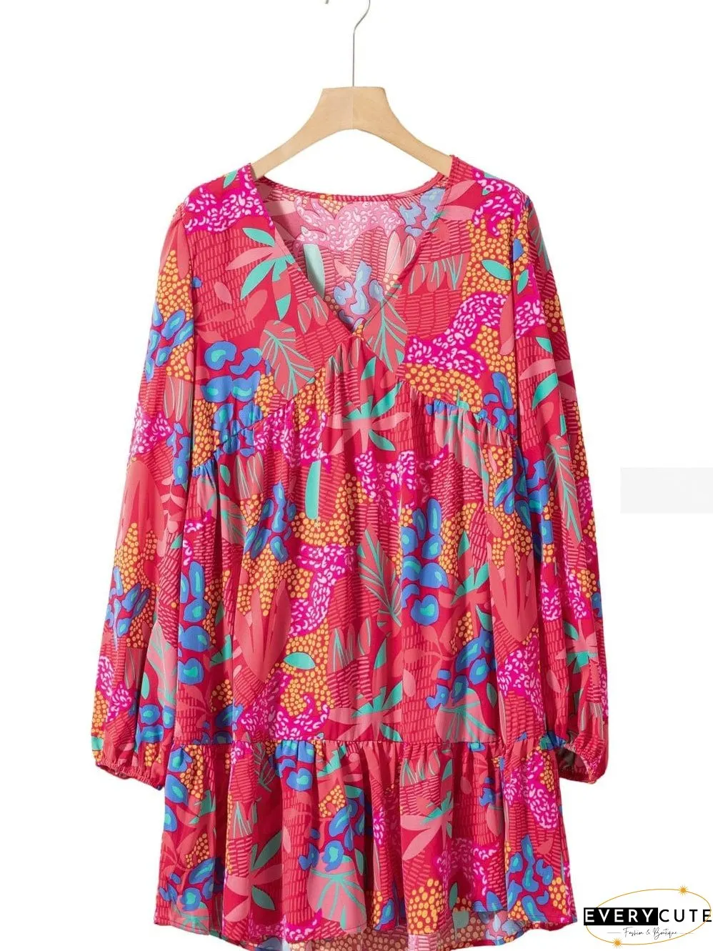 Rose Blossom V Neck Bubble Sleeve Ruffle Detail Mini Dress