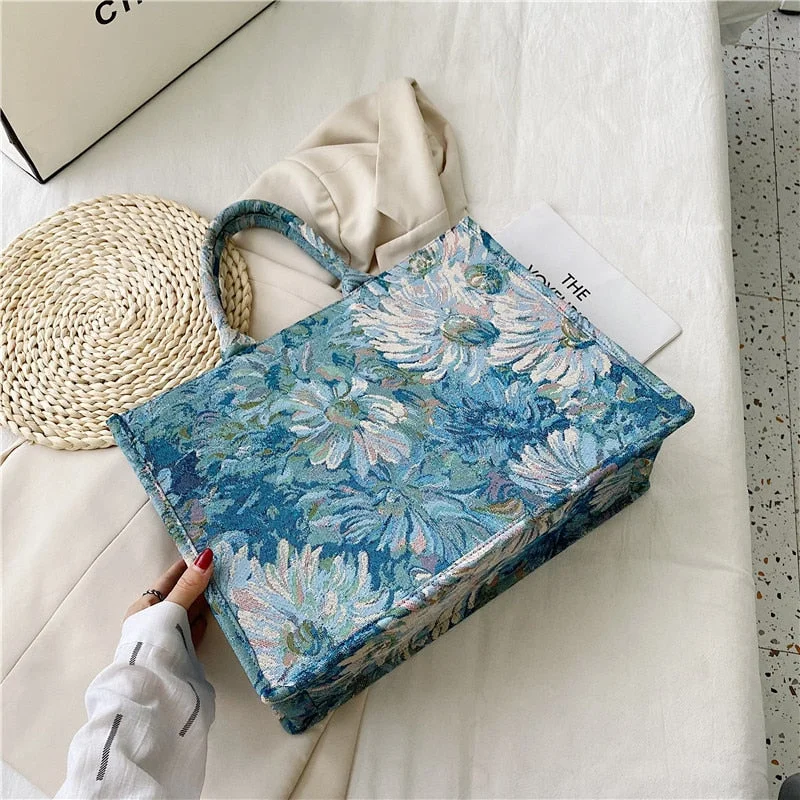 painting Flower Luxury Brand Large Canvas Tote 2022 Summer Trends Women's Designer Handbag High Capacity To Handle Shoulder Bags