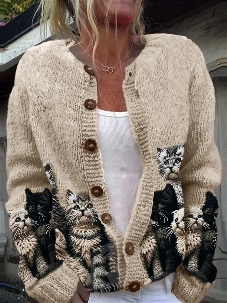 Fuzzy Cats Crochet Art Cozy Knit Cardigan