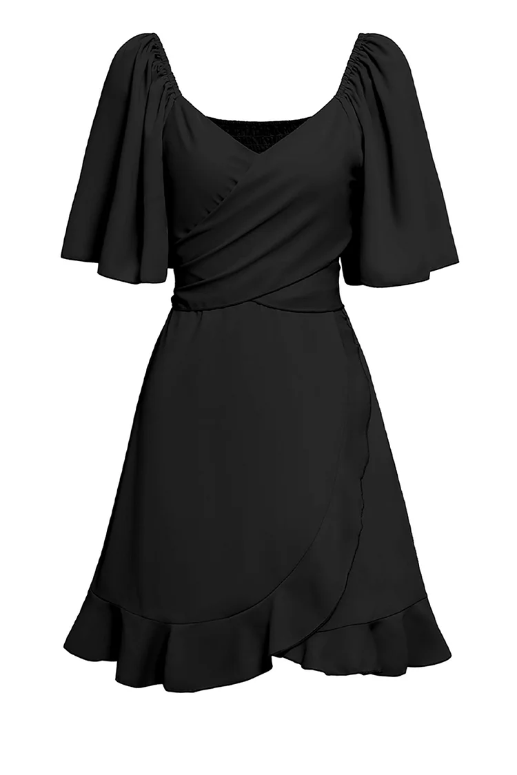 1950s Black Casual Ruffle Hem Flare Sleeve Crossover Hem Mini Dress