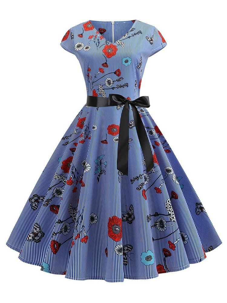 Mayoulove 1950s Dress V Neck Back Zipper Midi Dress-Mayoulove