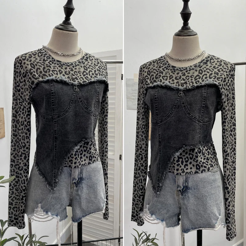 Nigikala Nigikala Shooting Fashion Leopard Tard Tard Babes Mesh Splicing Denim Irregular Bottom Shirt Short Top 2617