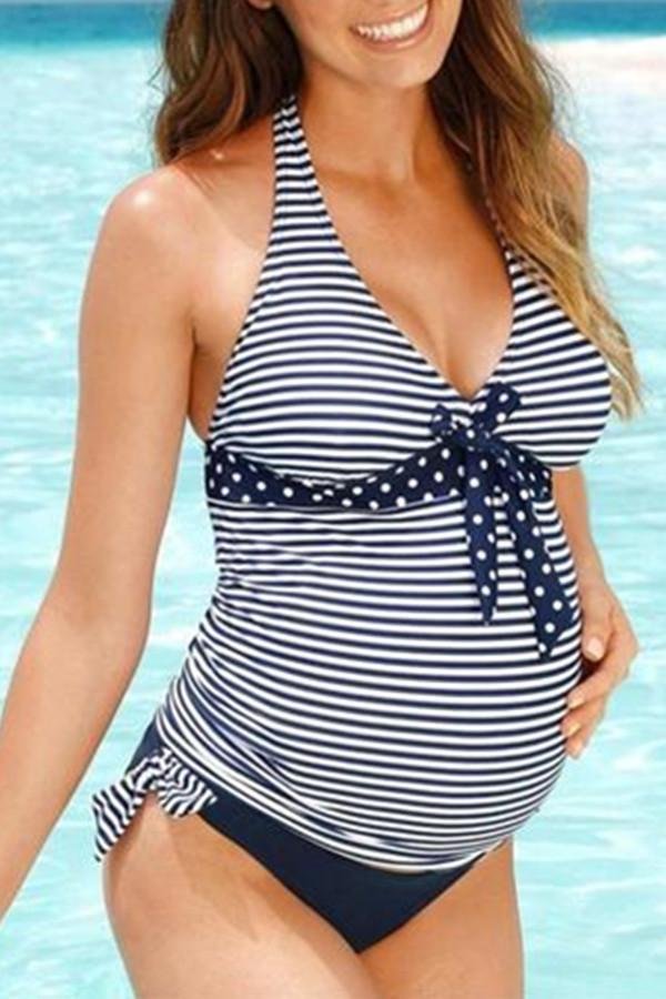 Halter Stripe Print Maternity Swimwear-elleschic