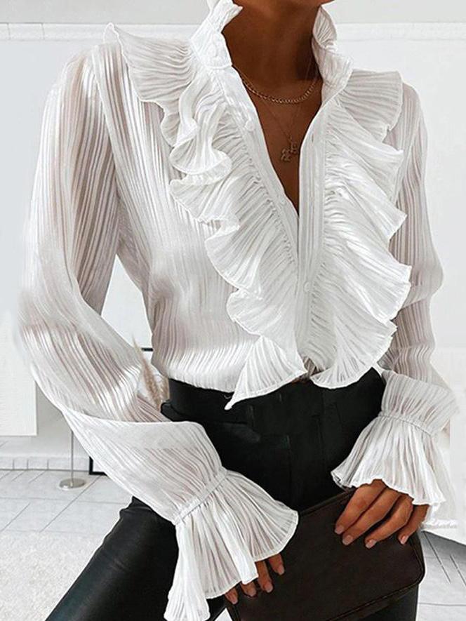Elegant Women V-neck Ruffled Long-sleeved Shirt