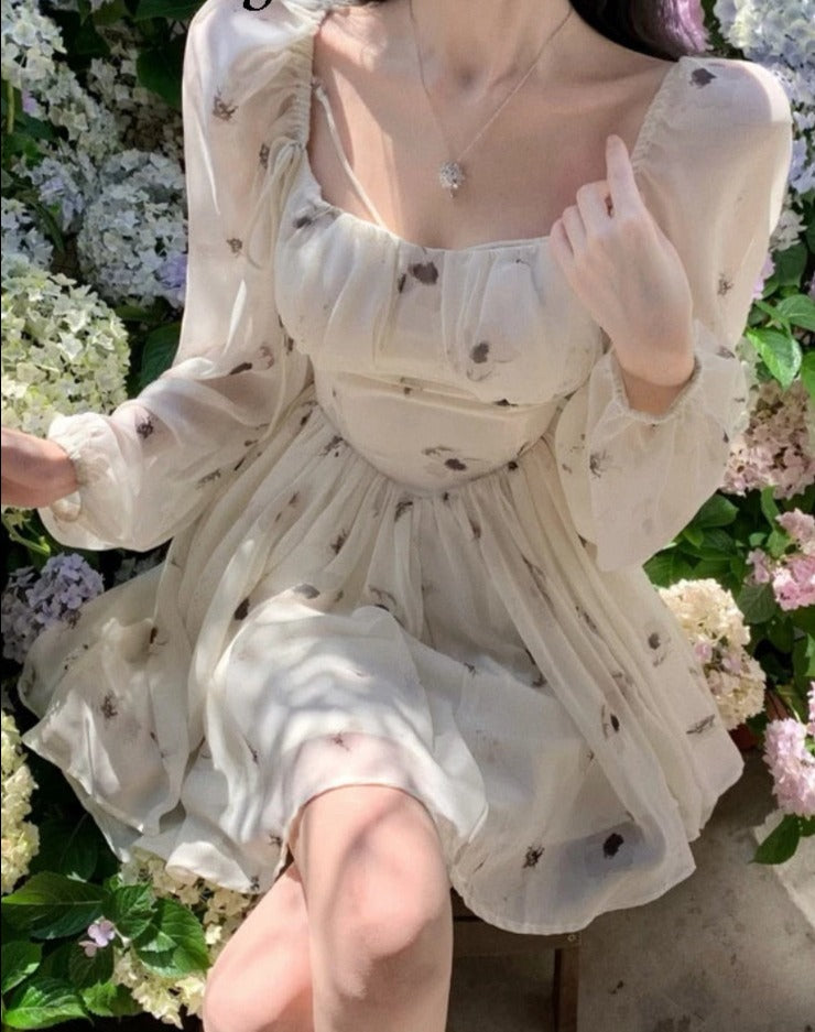 Holiday Chiffon Dress Women Sexy Floral Print Puff Long Sleeve Party Mini Dress Fashion Elegant Sweet Dress Vestidos LANFUBEISI