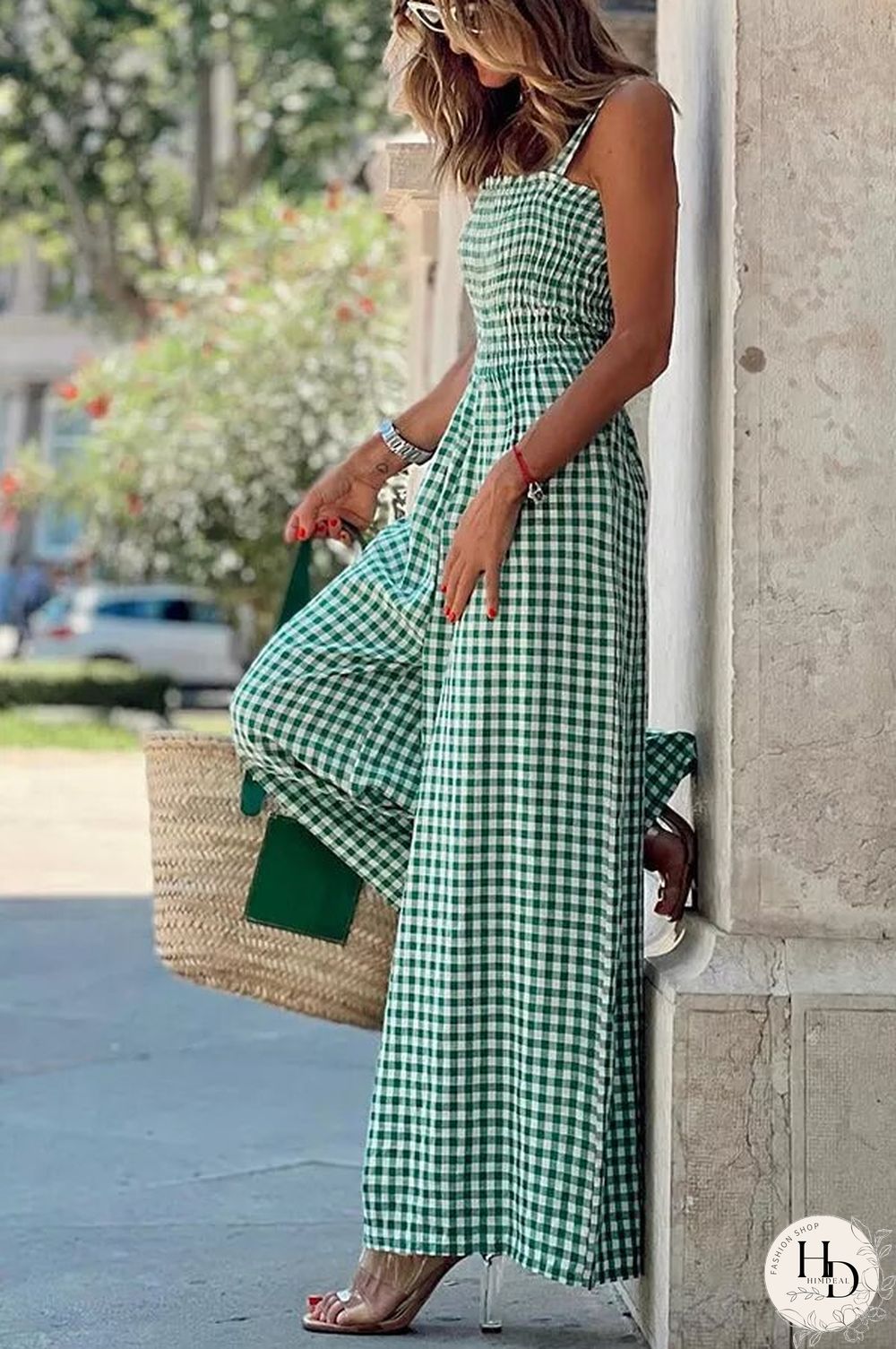 Plaid Smocked Wide Leg Jumpsuit