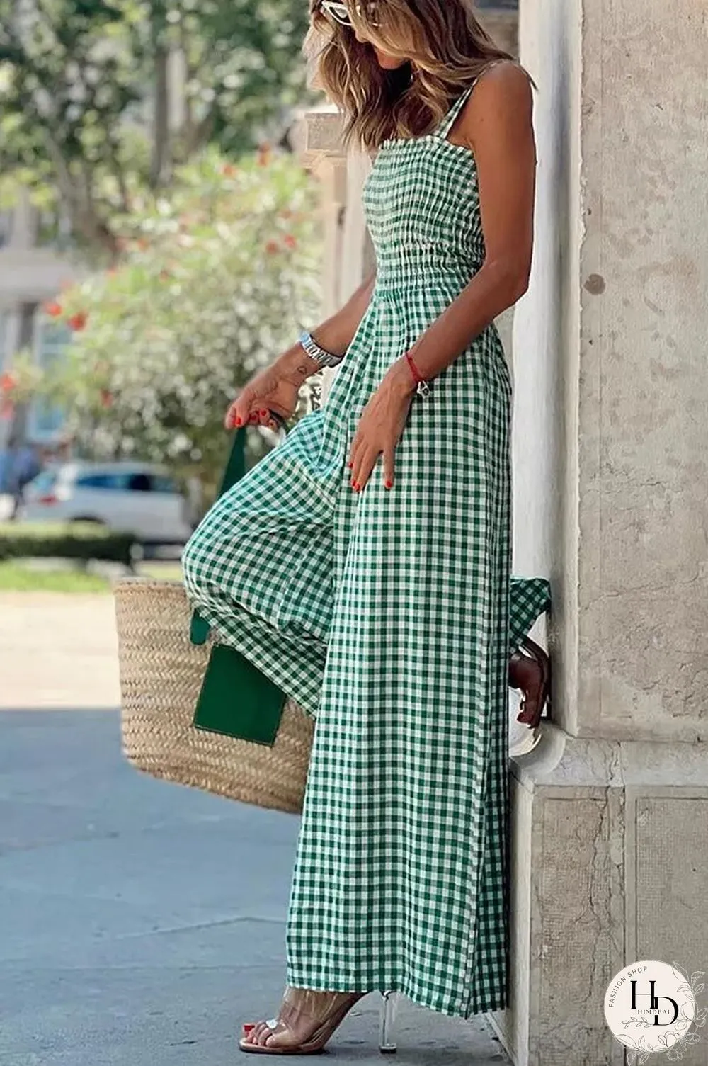 Plaid Smocked Wide Leg Jumpsuit