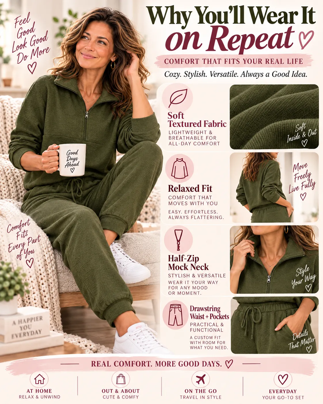 Details of women's half zip sweatshirt and jogger set