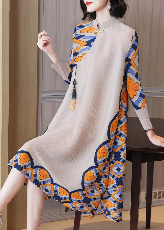 New Light Camel Button Tasseled Print Cotton Dress Spring