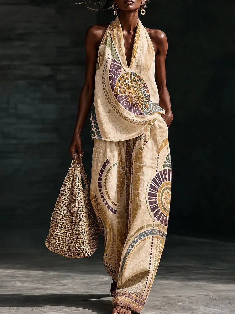 Women&rsquo;s Bohemian Circular Geometric Print Halter Wide Leg Pants Set