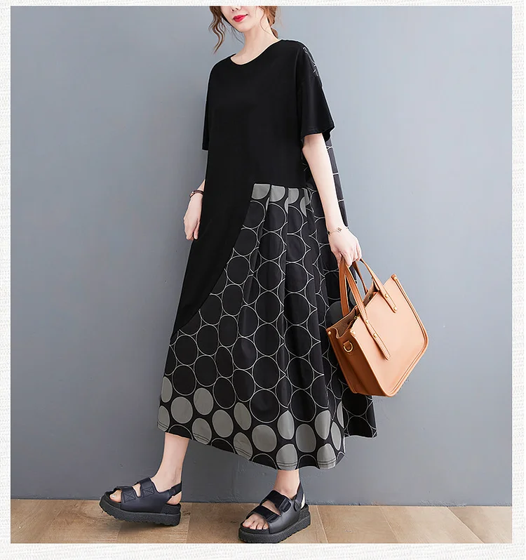 Casual Loose Print Splicing Midi Dress