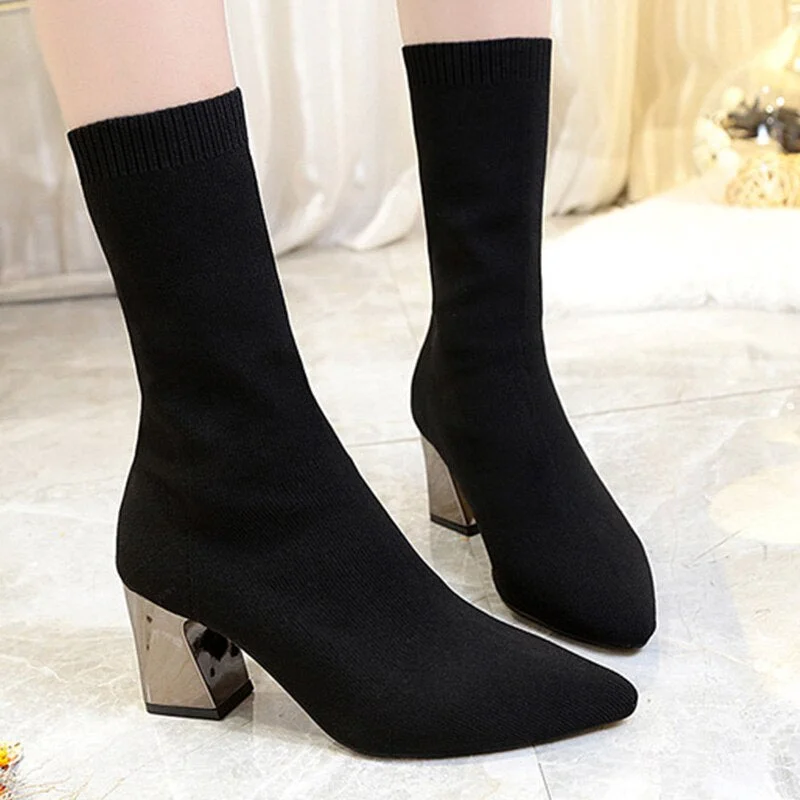 Women Black Boots Elegant Pointed Toe 2020 Fashion Spring Autumn Comfortable Stretch Boots Chunky Sexy High Heels Women Shoes