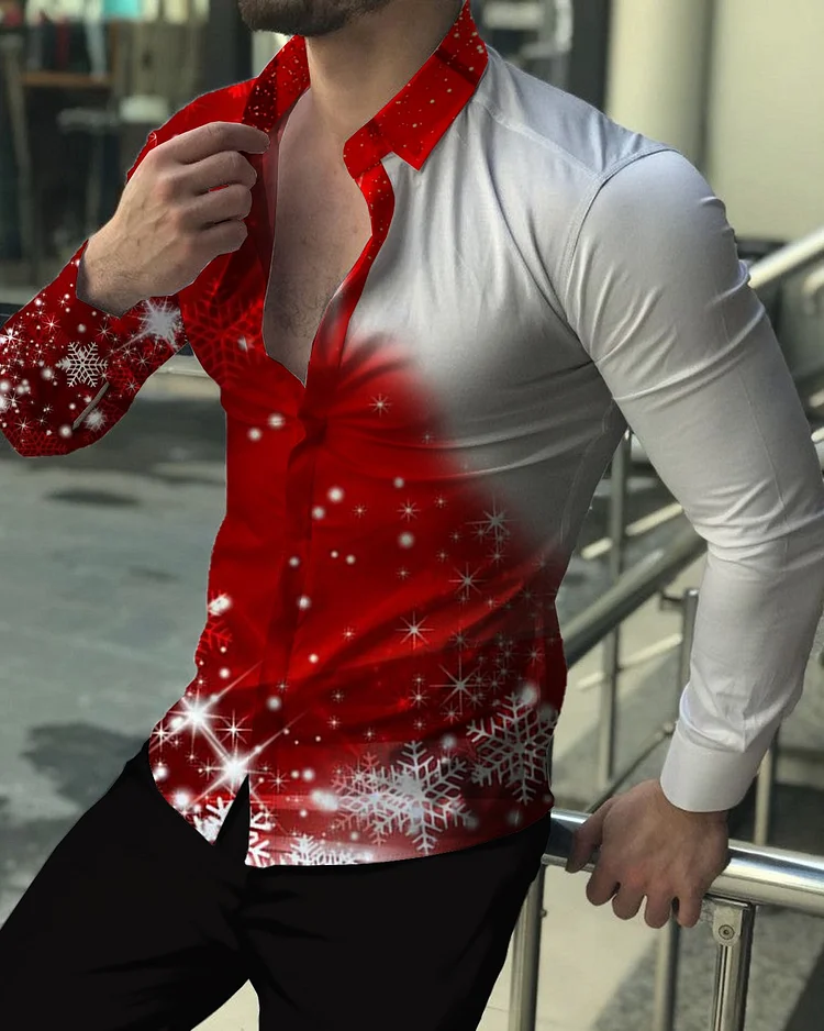 Men's Casual Printed Long Sleeve Lapel Shirt